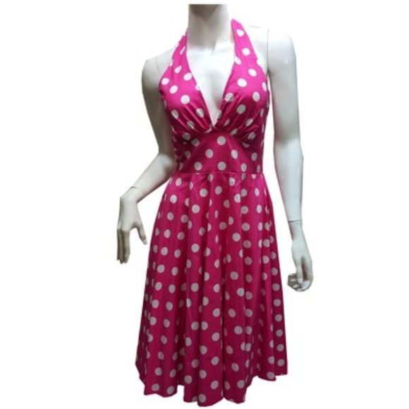Women's Petite Marilyn Monroe Big Polka Dots Halter‎ Top Dress w/ Padding, Pink - Picture 1 of 2